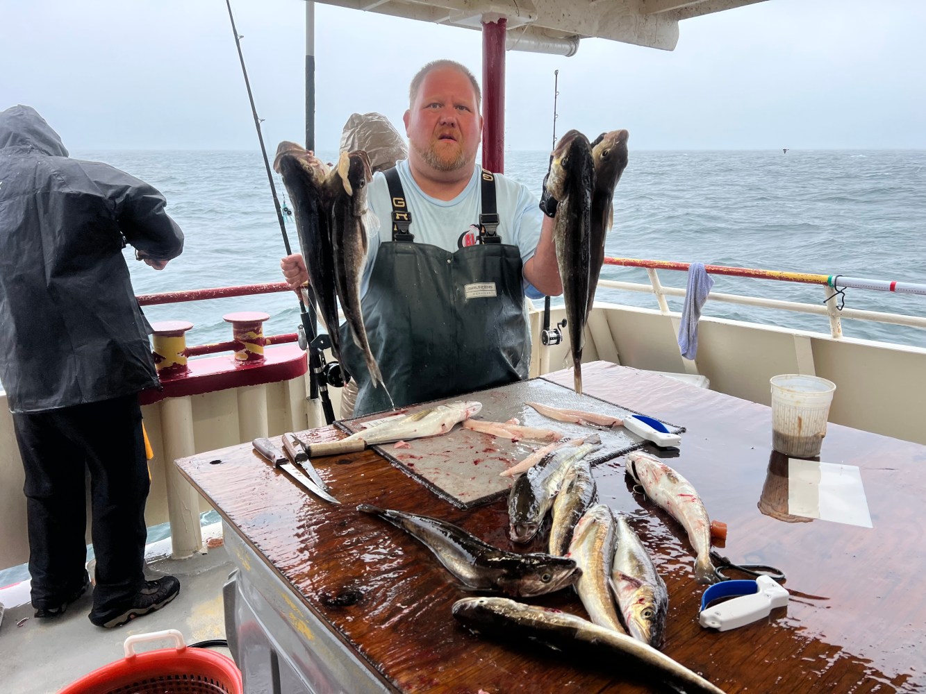 a person holding a fish on a boat