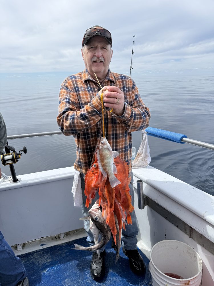 Person holding several fish on a line aboard a boat.