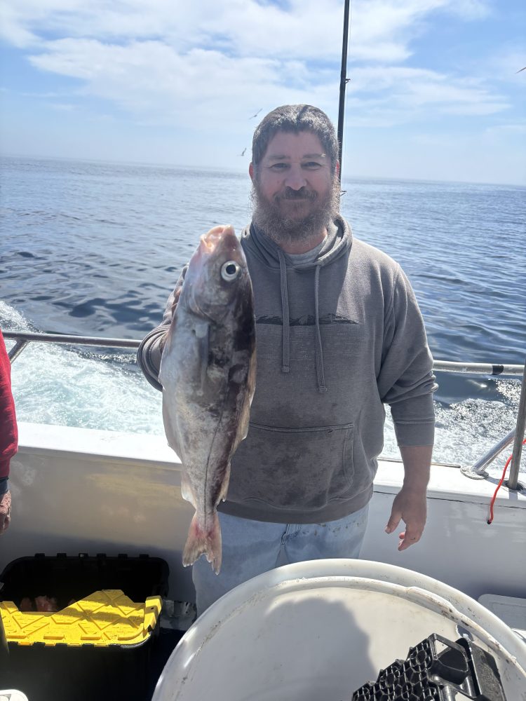 Person holding a large fish on a boat with ocean background.