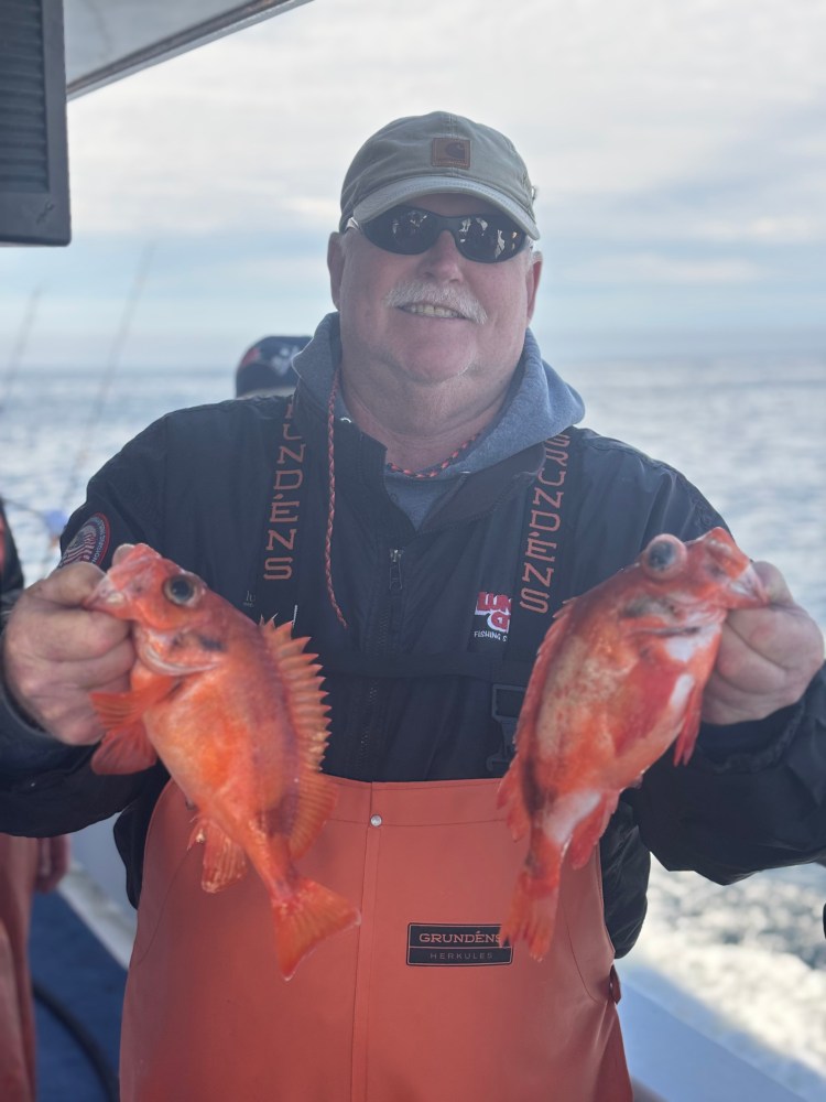 Man holding two small red fish on a boat.