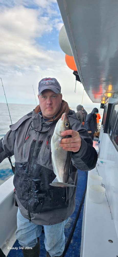 Person on a boat holding a fish, with a cloudy sky in the background.