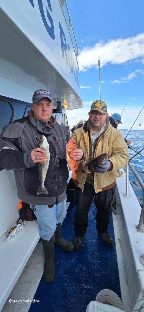 Two men holding fish on a boat deck under a clear sky.