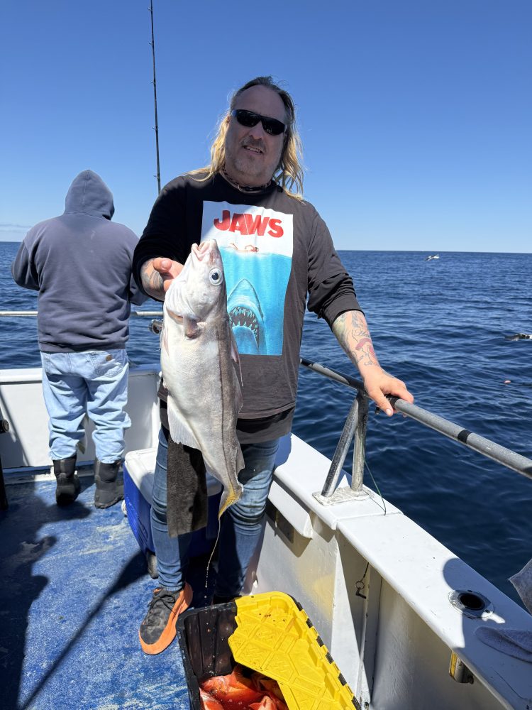 Person on boat holding a large fish against ocean background.
