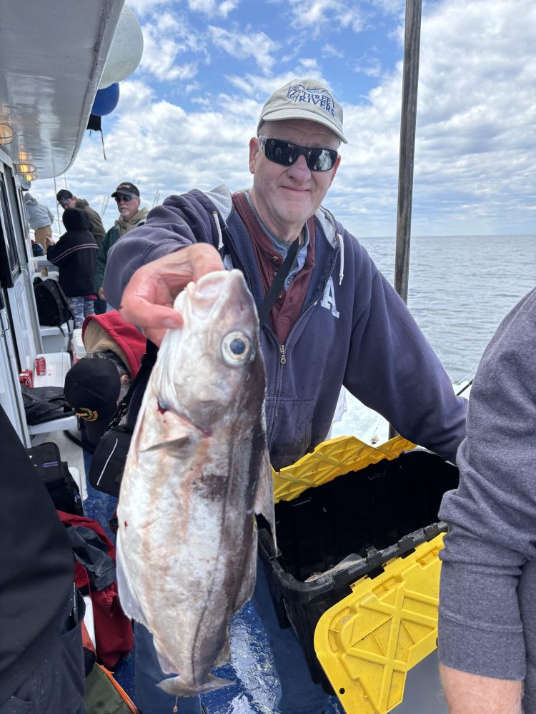Man on boat holding a large fish, with sky and water in background.