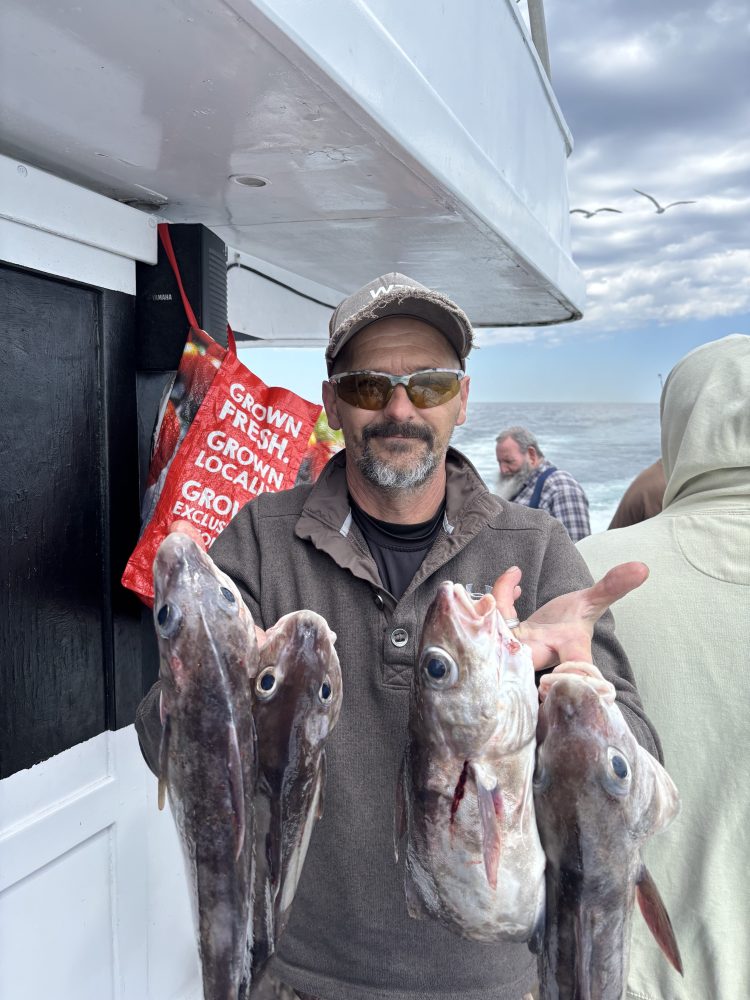 Man in sunglasses holding several fish on a boat.