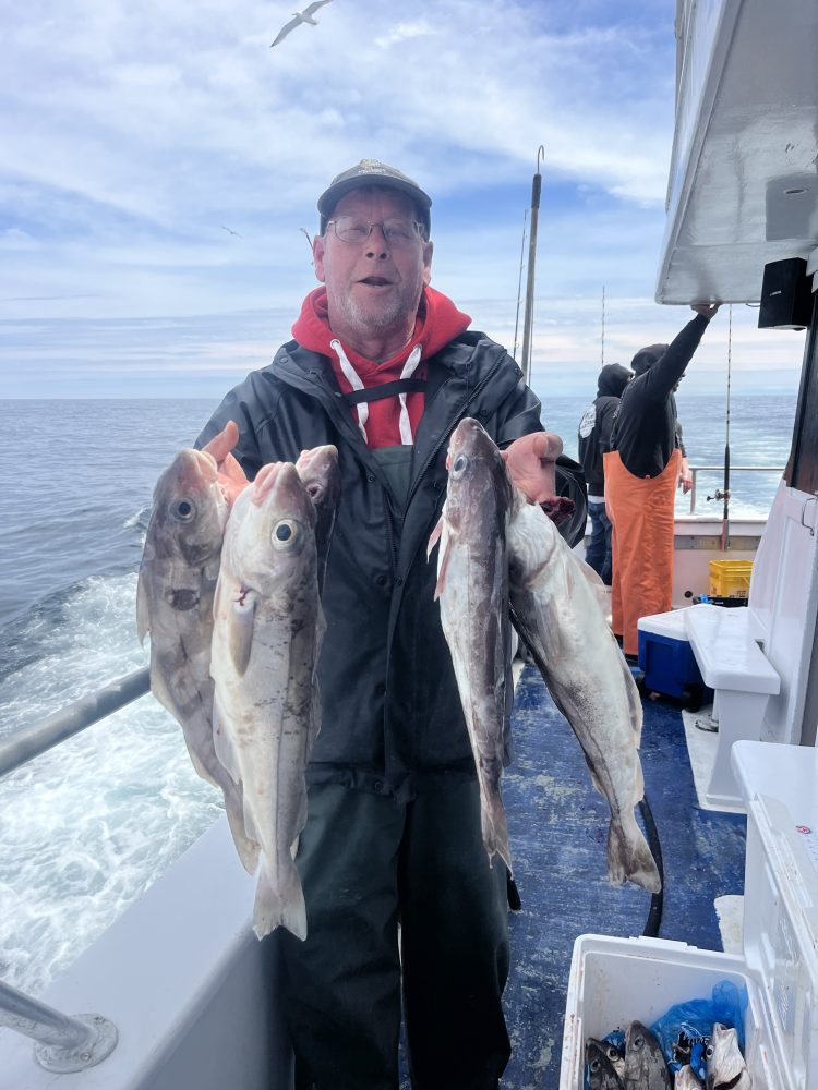 Person holding multiple fish on a boat with the ocean in the background.