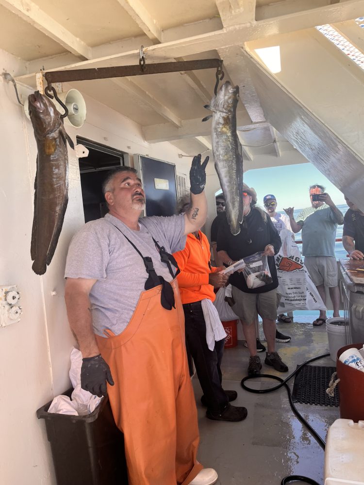 Person in orange waders holding two large fish on a boat.