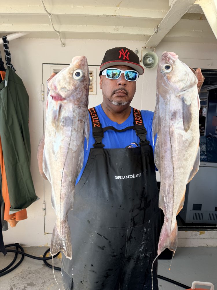 Person holding two large fish on a boat, wearing sunglasses and a cap.