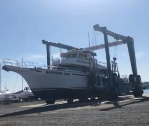 a large ship in the background